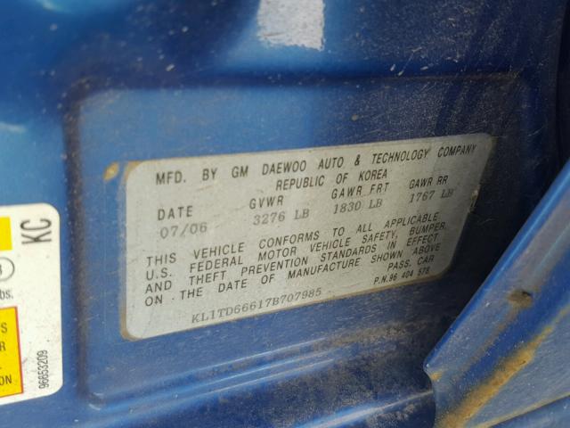 KL1TD66617B707985 - 2007 CHEVROLET AVEO BASE Mavi foto 10