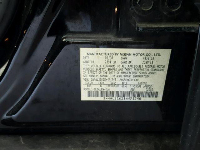 1N4BL21E18N475246 - 2008 NISSAN ALTIMA 3.5 BLACK photo 10