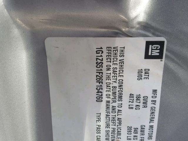 1G1ZS51F26F154760 - 2006 CHEVROLET MALIBU LS ვერცხლისფერი ფოტო 10