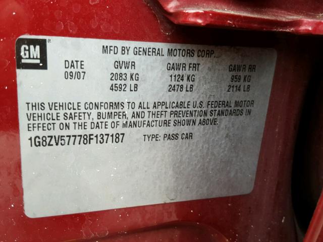 1G8ZV57778F137187 - 2008 SATURN AURA XR BURGUNDY photo 10