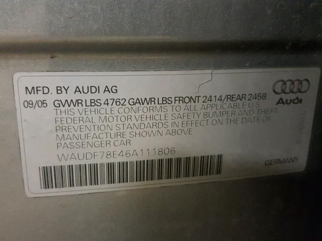 WAUDF78E46A111806 - 2006 AUDI A4 2.0T QU GRAY photo 10