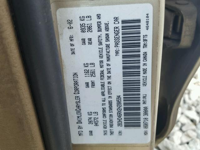 2B3HD46RX2H280594 - 2002 DODGE INTREPID S Qızıl foto 10