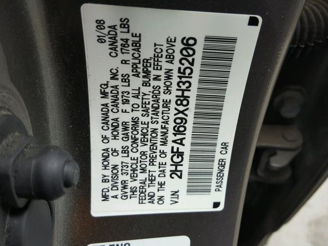 2HGFA169X8H315206 - 2008 HONDA CIVIC EXL 灰色 照片 10