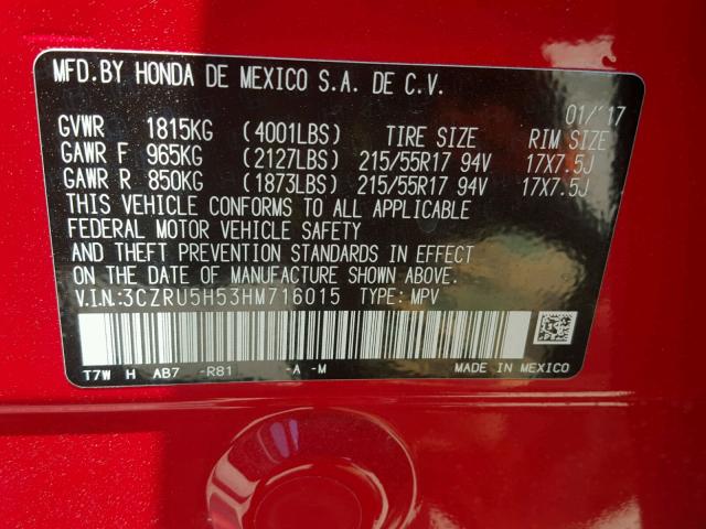 3CZRU5H53HM716015 - 2017 HONDA HR-V EX RED photo 10