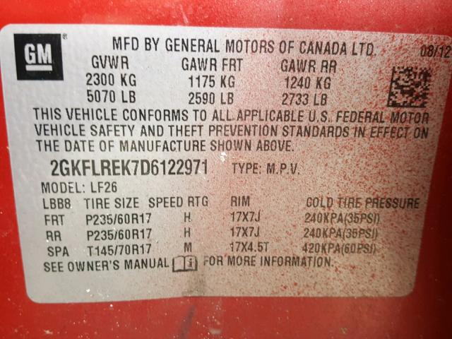 2GKFLREK7D6122971 - 2013 GMC TERRAIN SL RED photo 10