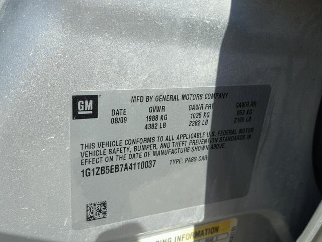 1G1ZB5EB7A4110037 - 2010 CHEVROLET MALIBU LS ვერცხლისფერი ფოტო 10