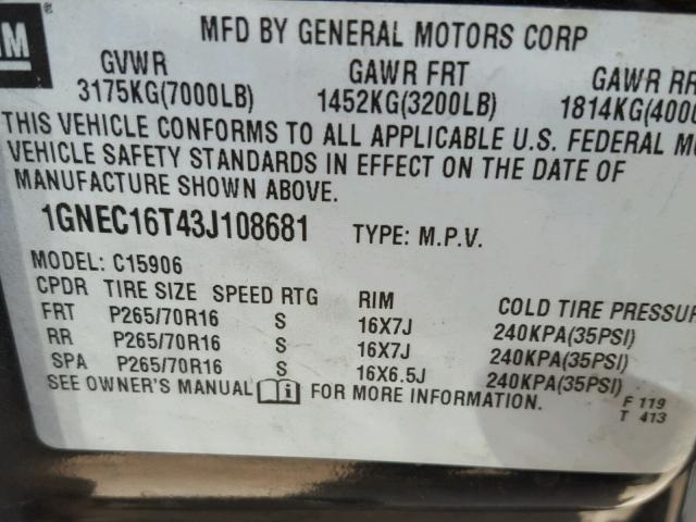 1GNEC16T43J108681 - 2003 CHEVROLET SUBURBAN C GREEN photo 10