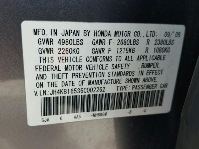 JH4KB16536C002262 - 2006 ACURA RL GRAY photo 10