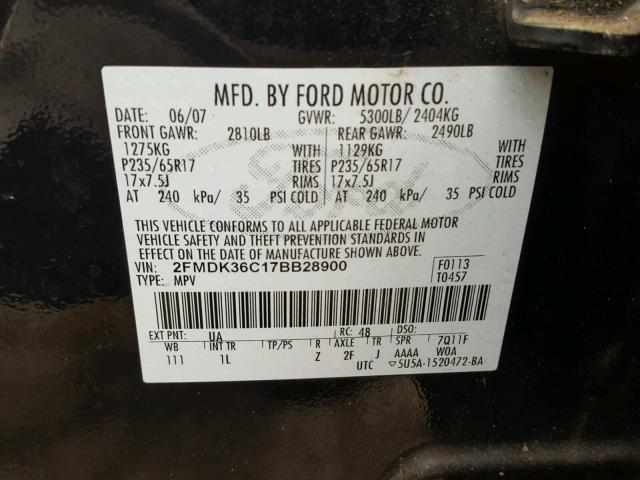 2FMDK36C17BB28900 - 2007 FORD EDGE SE BLACK photo 10