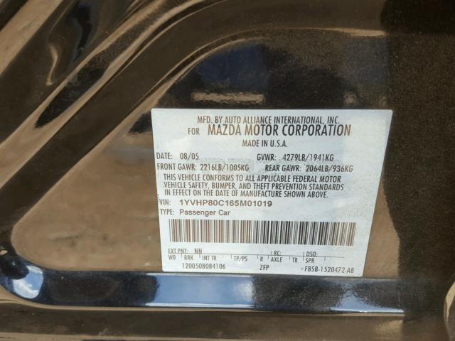 1YVHP80C165M01019 - 2006 MAZDA 6 I Қара фото 10