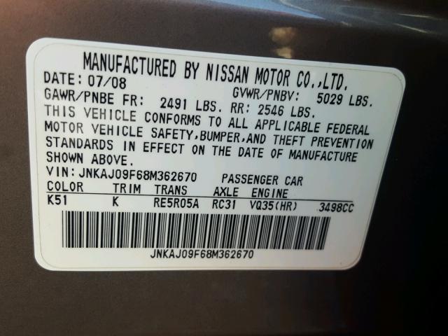 JNKAJ09F68M362670 - 2008 INFINITI EX35 BASE GRAY photo 10