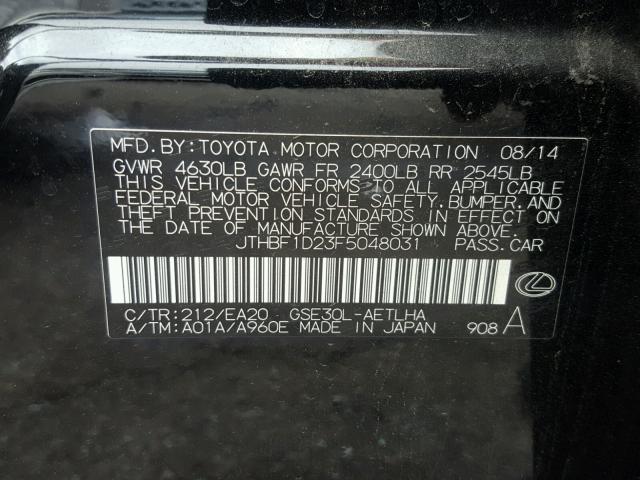 JTHBF1D23F5048031 - 2015 LEXUS IS 250 BLACK photo 10