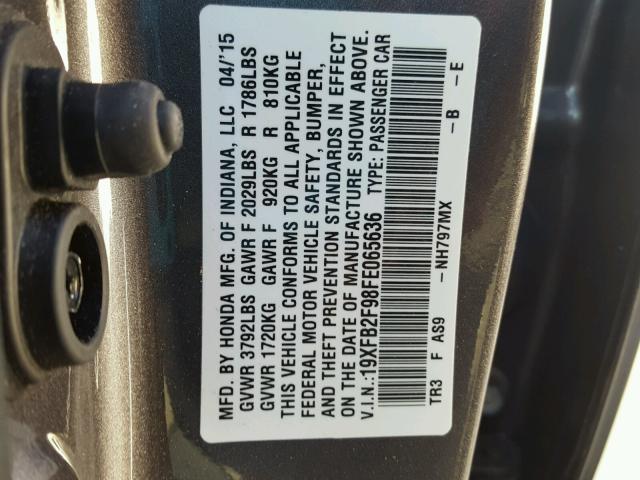 19XFB2F98FE065636 - 2015 HONDA CIVIC EXL ნაცრისფერი ფოტო 10