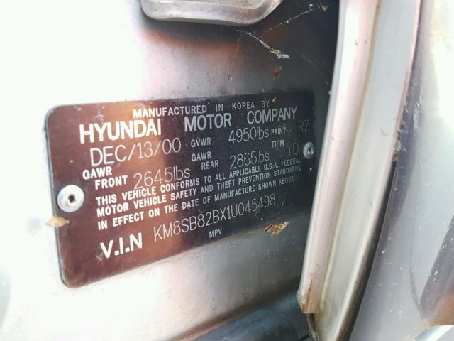 KM8SB82BX1U045498 - 2001 HYUNDAI SANTA FE SILVER photo 10