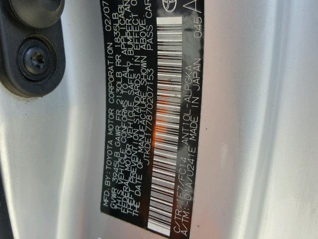 JTKDE177870207153 - 2007 TOYOTA SCION TC ვერცხლისფერი ფოტო 10
