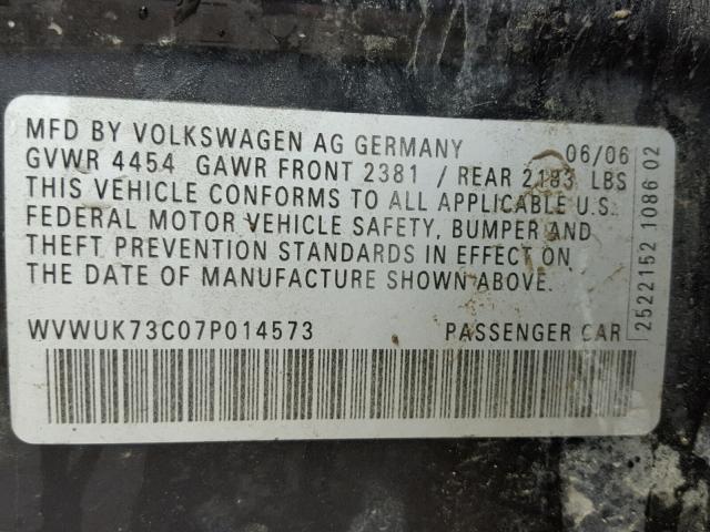 WVWUK73C07P014573 - 2007 VOLKSWAGEN PASSAT BLACK photo 10