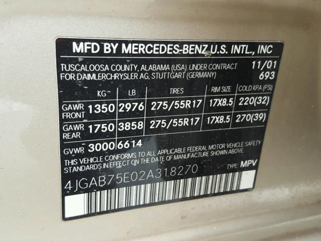 4JGAB75E02A318270 - 2002 MERCEDES-BENZ ML 500 GOLD photo 10