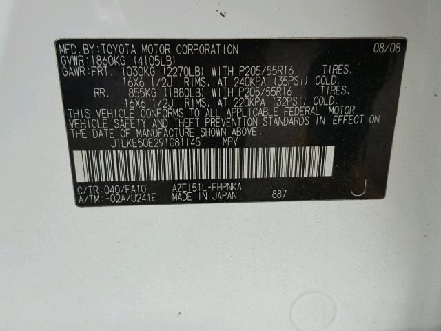 JTLKE50E291081145 - 2009 TOYOTA SCION XB WHITE photo 10