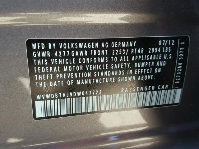 WVWDB7AJ9DW047722 - 2013 VOLKSWAGEN GOLF GRAY photo 10