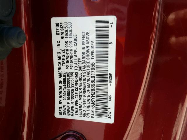 5J6YH28398L017955 - 2008 HONDA ELEMENT LX MAROON photo 10