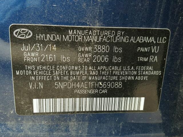 5NPDH4AE1FH569088 - 2015 HYUNDAI ELANTRA SE BLUE photo 10