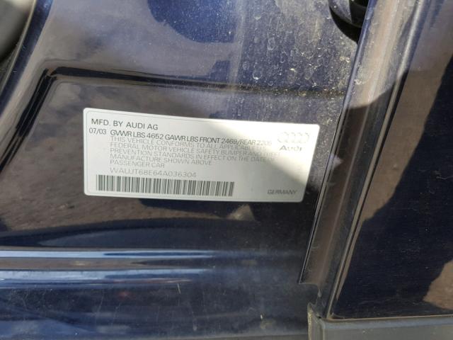 WAUJT68E64A036304 - 2004 AUDI A4 3.0 BLUE photo 10