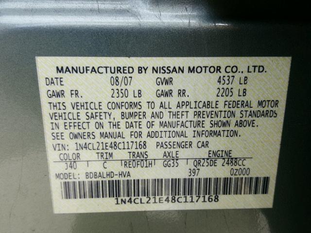 1N4CL21E48C117168 - 2008 NISSAN ALTIMA HYB GREEN photo 10