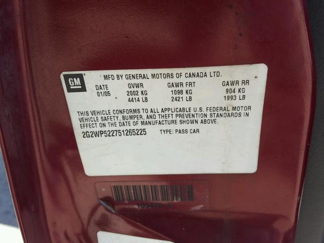 2G2WP522751265225 - 2005 PONTIAC GRAND PRIX BURGUNDY photo 10