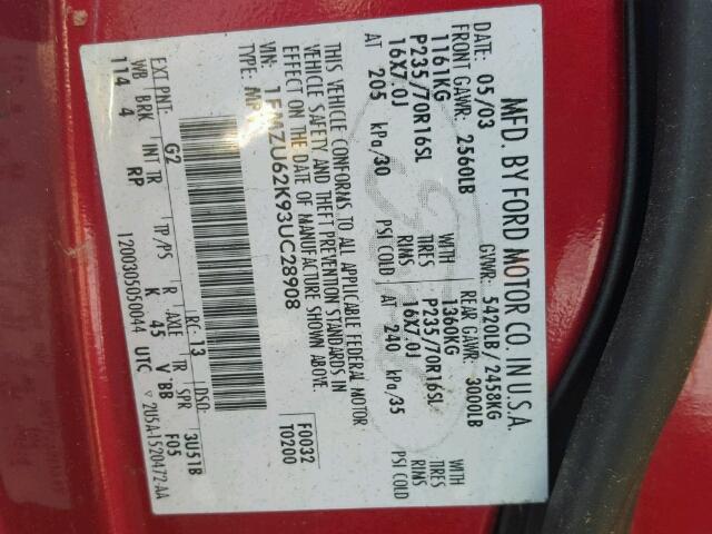 1FMZU62K93UC28908 - 2003 FORD EXPLORER X RED photo 10