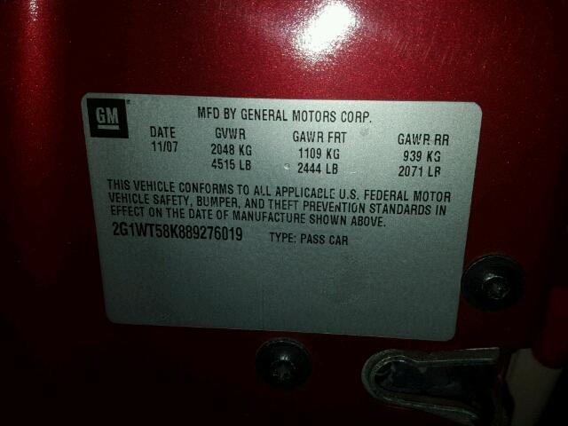 2G1WT58K889276019 - 2008 CHEVROLET IMPALA RED photo 10