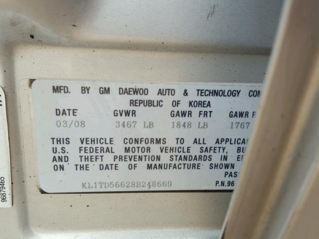 KL1TD56628B248669 - 2008 CHEVROLET AVEO BASE Srebrny zdjęcie 10