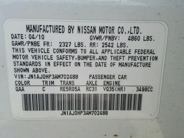 JN1AJ0HP3AM702488 - 2010 INFINITI EX35 BASE WHITE photo 10