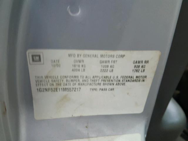 1G2NF52E11M557217 - 2001 PONTIAC GRAND AM S SILVER photo 10