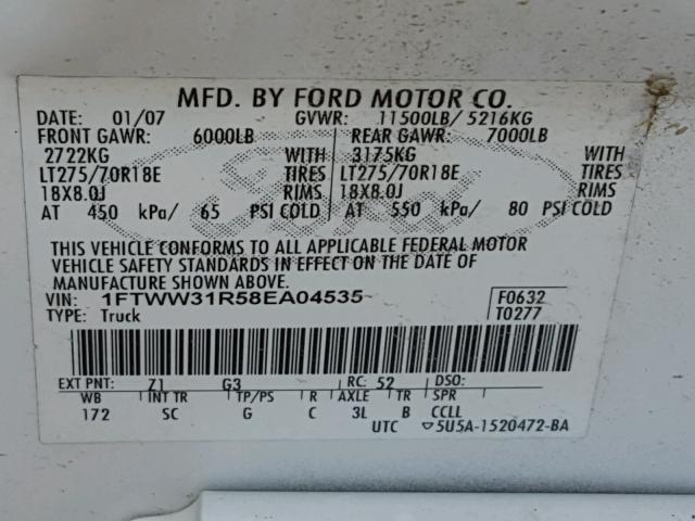 1FTWW31R58EA04535 - 2008 FORD F350 SRW S WHITE photo 10