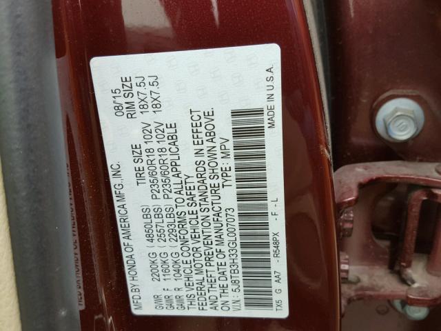 5J8TB3H33GL007073 - 2016 ACURA RDX BASE BURGUNDY photo 10