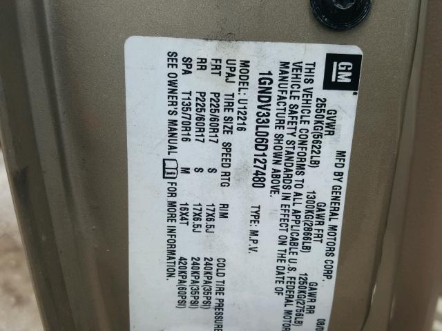 1GNDV33L06D127480 - 2006 CHEVROLET UPLANDER L 米色 照片 10