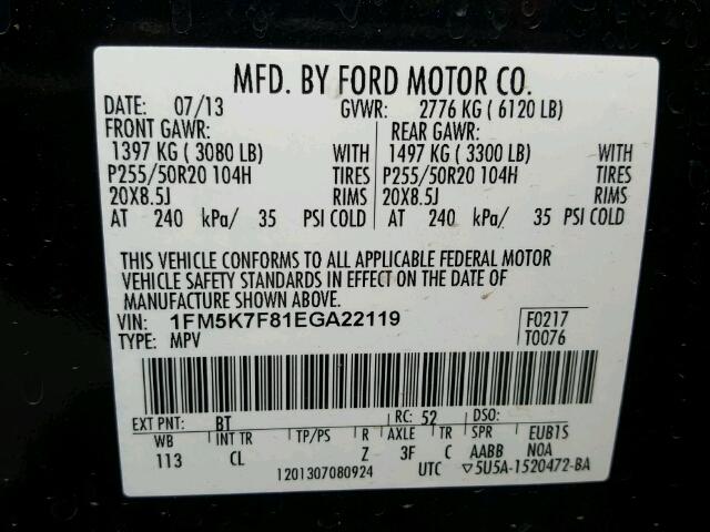 1FM5K7F81EGA22119 - 2014 FORD EXPLORER L BLACK photo 10