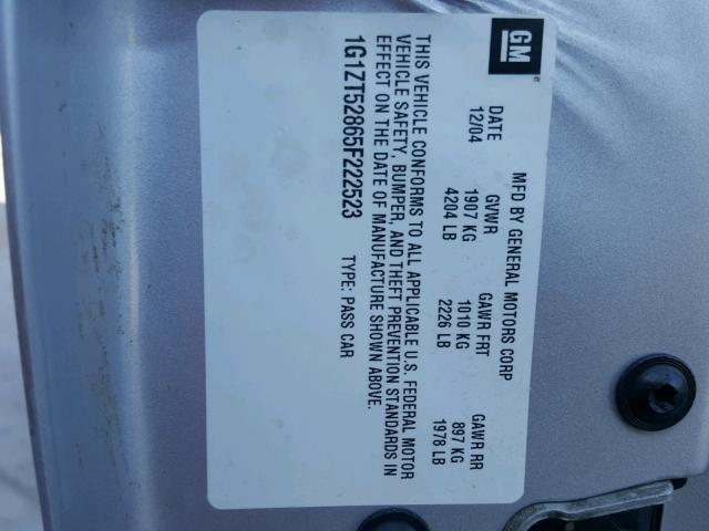 1G1ZT52865F222523 - 2005 CHEVROLET MALIBU LS ვერცხლისფერი ფოტო 10