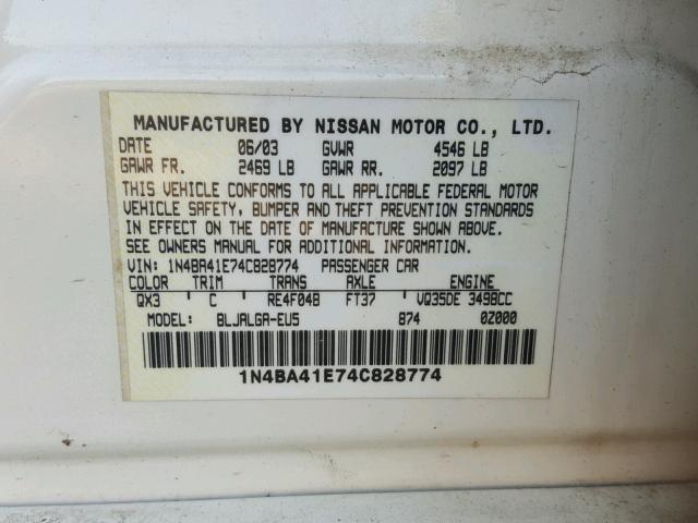 1N4BA41E74C828774 - 2004 NISSAN MAXIMA SE WHITE photo 10