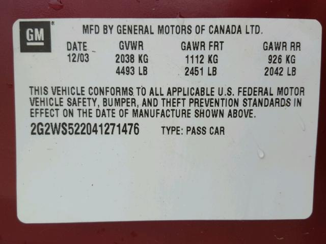 2G2WS522041271476 - 2004 PONTIAC GRAND PRIX RED photo 10