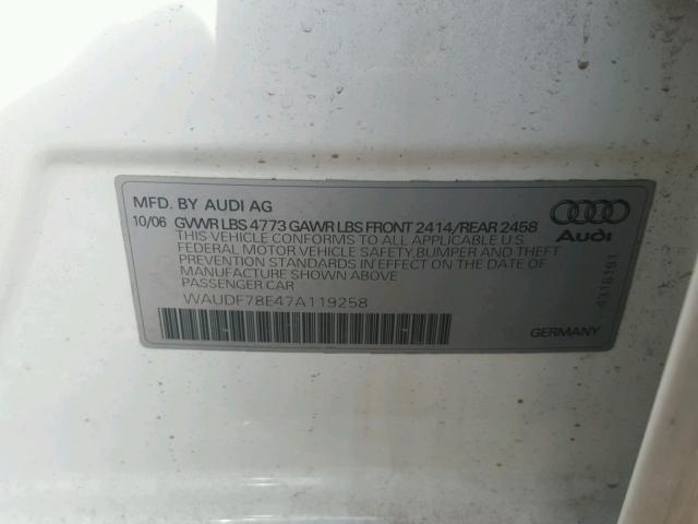 WAUDF78E47A119258 - 2007 AUDI A4 2.0T QU WHITE photo 10