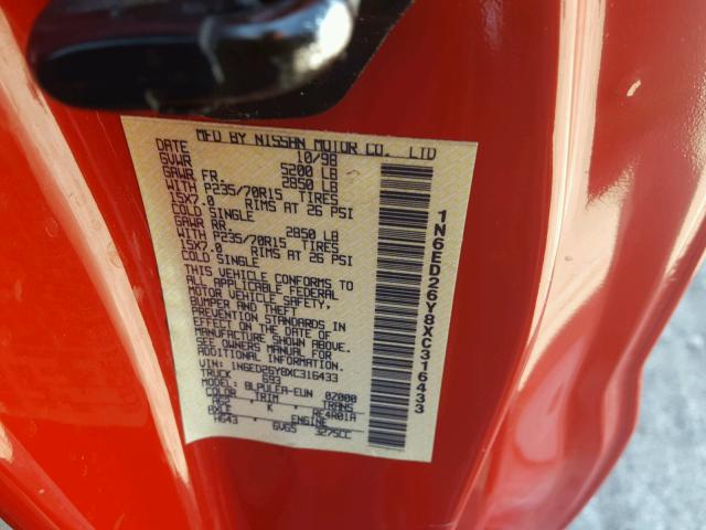 1N6ED26Y8XC316433 - 1999 NISSAN FRONTIER K RED photo 10