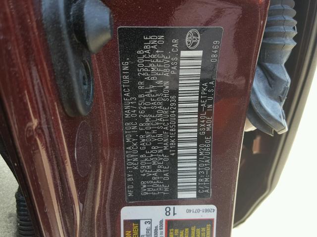 4T1BK1EB5DU042936 - 2013 TOYOTA AVALON BAS MAROON photo 10