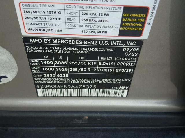 4JGBB86E59A475375 - 2009 MERCEDES-BENZ ML 350 SILVER photo 10