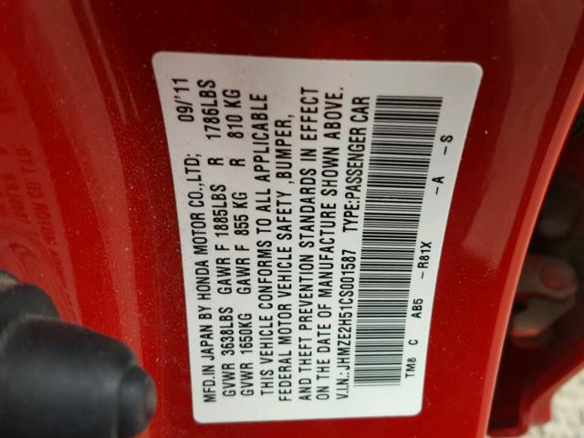 JHMZE2H51CS001587 - 2012 HONDA INSIGHT LX RED photo 10