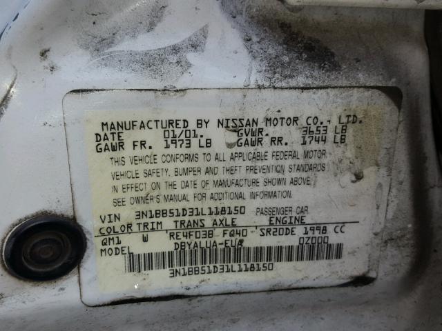 3N1BB51D31L118150 - 2001 NISSAN SENTRA SE WHITE photo 10