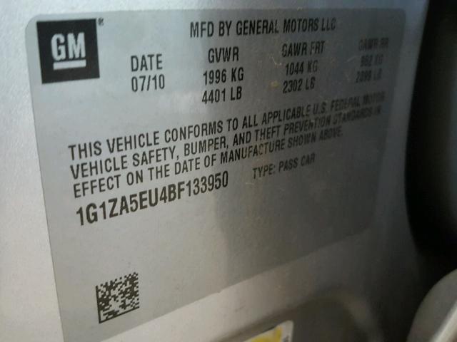 1G1ZA5EU4BF133950 - 2011 CHEVROLET MALIBU LS ვერცხლისფერი ფოტო 10