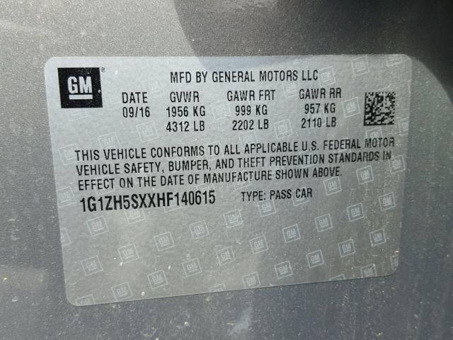 1G1ZH5SXXHF140615 - 2017 CHEVROLET MALIBU PRE 灰色 照片 10