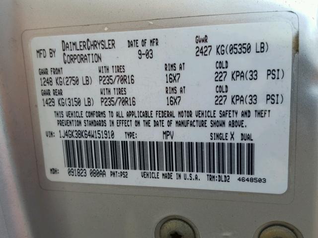 1J4GK38K64W151910 - 2004 JEEP LIBERTY RE SILVER photo 10