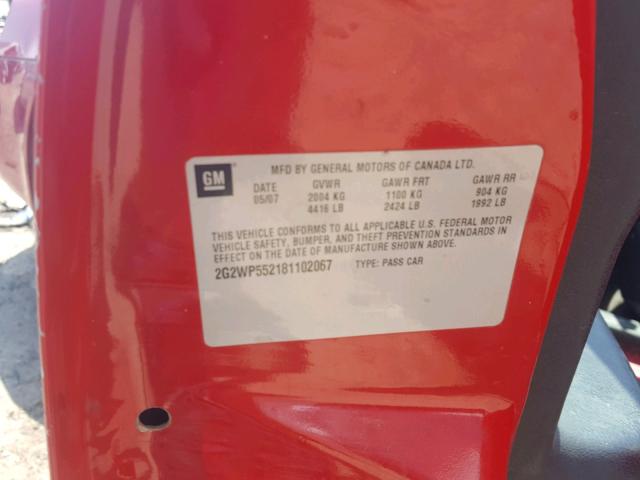 2G2WP552181102067 - 2008 PONTIAC GRAND PRIX RED photo 10